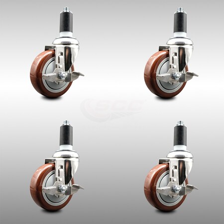 Service Caster 4 Inch 316SS Maroon Poly Swivel 1-3/8 Inch Expanding Stem Caster Set Brake SCC SCC-SS316EX20S414-PPUB-MRN-TLB-138-4